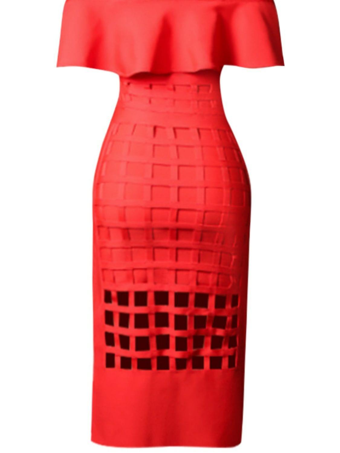 Trendsi DRESS Layered Off-Shoulder Cutout Slit Midi Dress