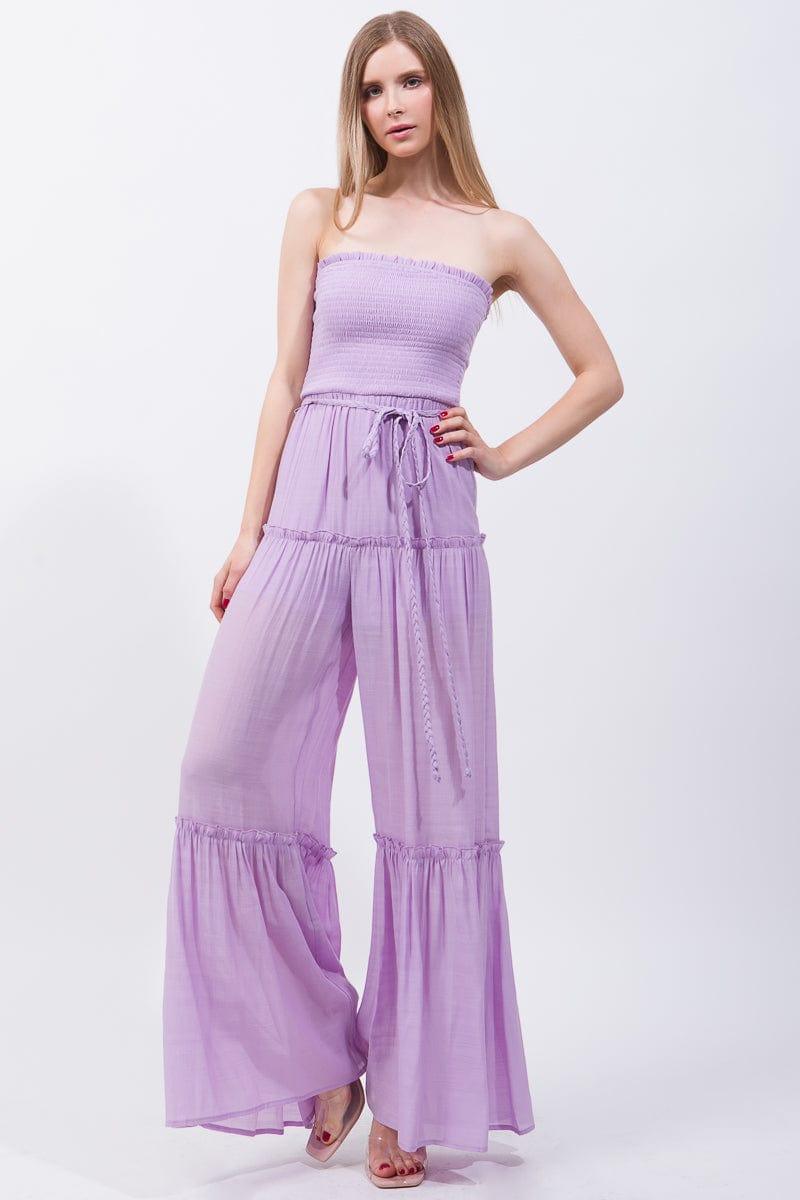 SAVLUXE Apparel & Accessories S Lilac Woven Solid Sleeveless Smocked Ruffle Jumpsuit