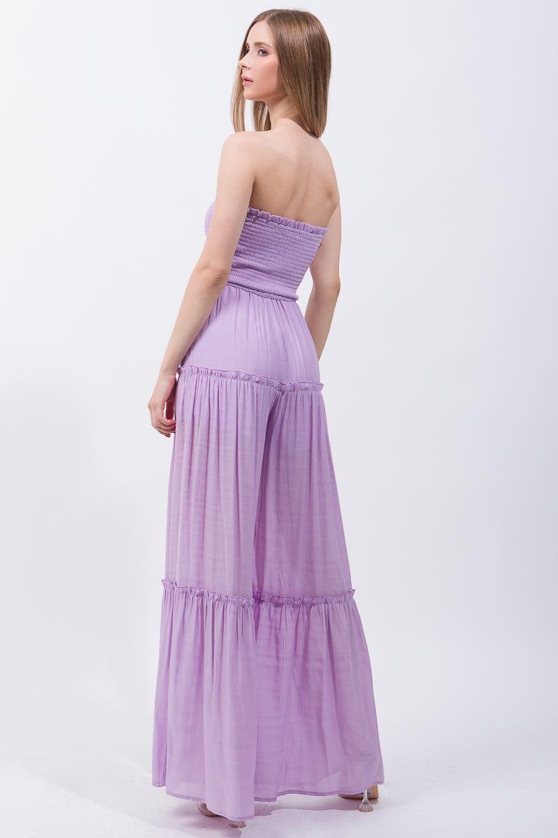 SAVLUXE Apparel & Accessories Lilac Woven Solid Sleeveless Smocked Ruffle Jumpsuit