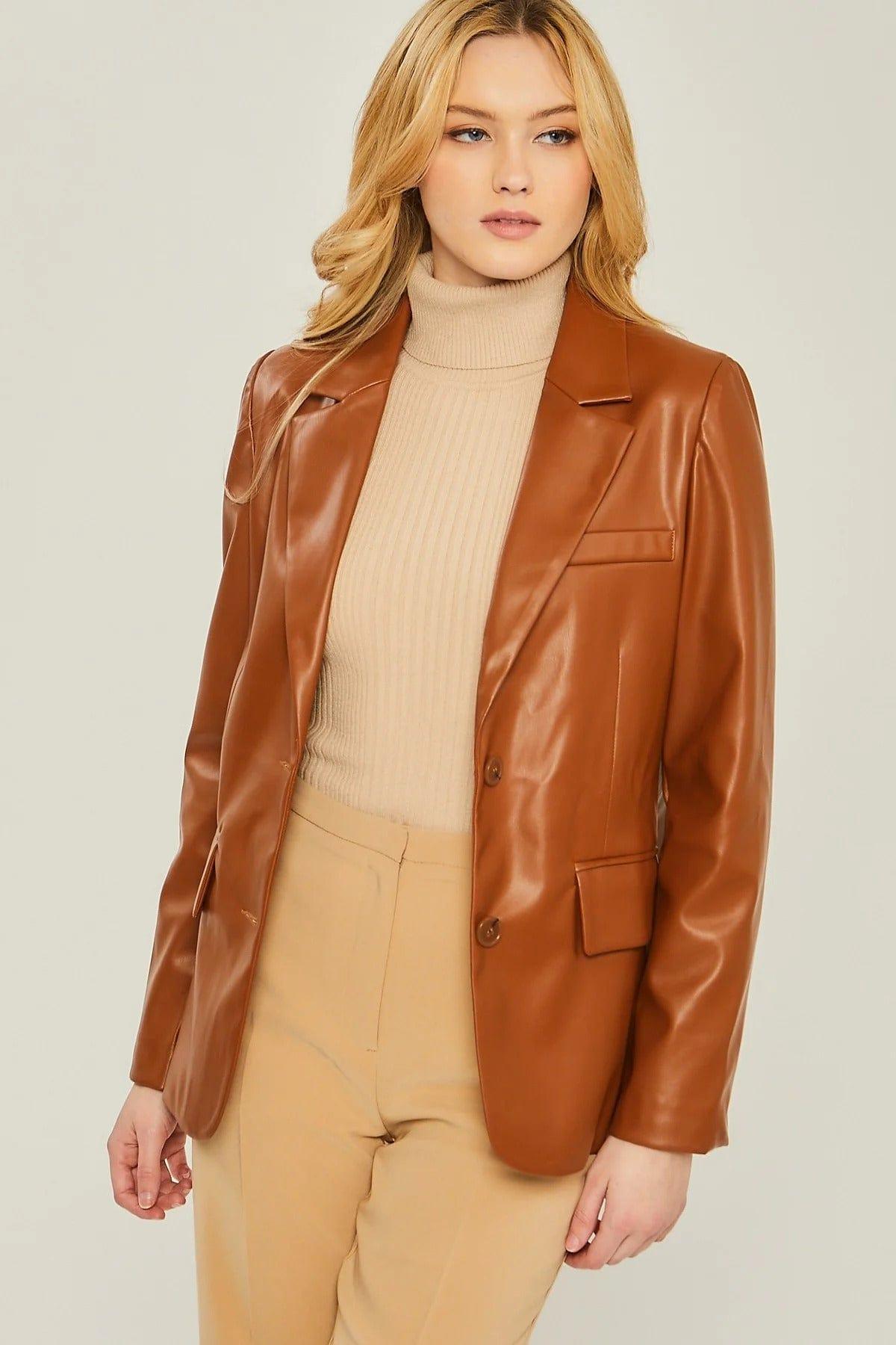 SAVLUXE Default Lina's Brown Woven Pu Leather Blazer