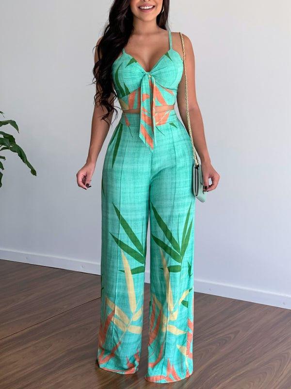 SAVLUXE Green / S Linen-like casual suit V-neck high-waist printed wide-leg pants two-piece set