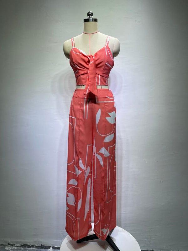 SAVLUXE Linen-like casual suit V-neck high-waist printed wide-leg pants two-piece set