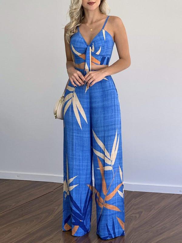 SAVLUXE Blue / S Linen-like casual suit V-neck high-waist printed wide-leg pants two-piece set