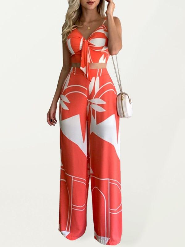 SAVLUXE Linen-like casual suit V-neck high-waist printed wide-leg pants two-piece set