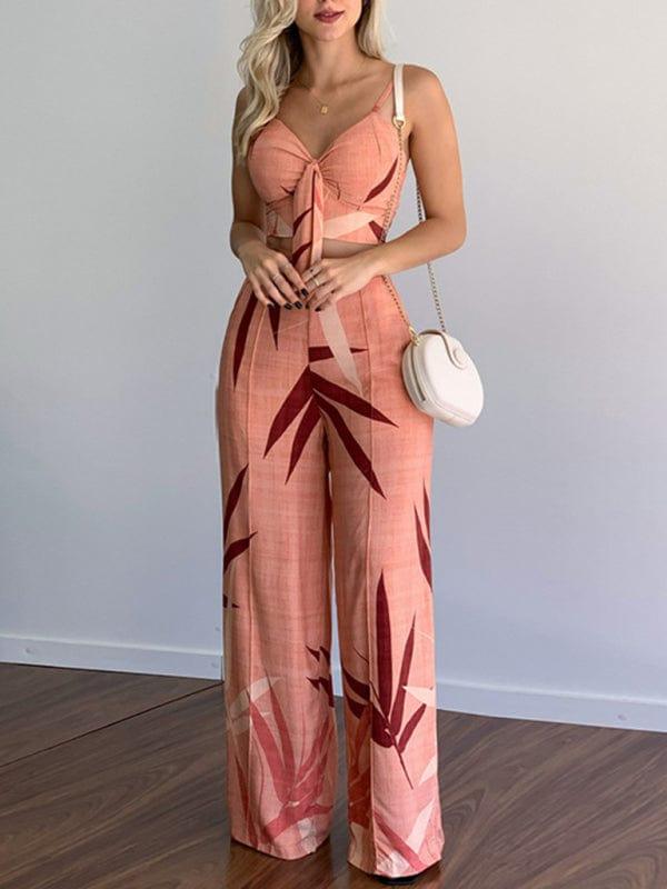 SAVLUXE Pink / S Linen-like casual suit V-neck high-waist printed wide-leg pants two-piece set