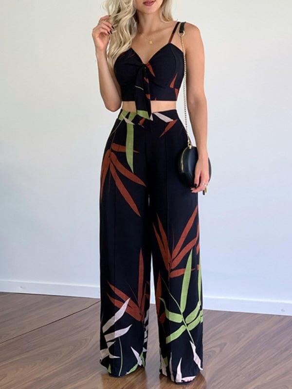 SAVLUXE Black / S Linen-like casual suit V-neck high-waist printed wide-leg pants two-piece set
