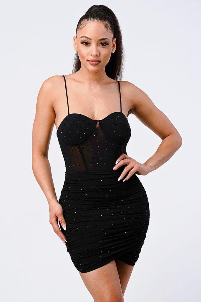 SAVLUXE Luxe Glitter Front Mesh Ribbed Cami Mini Dress