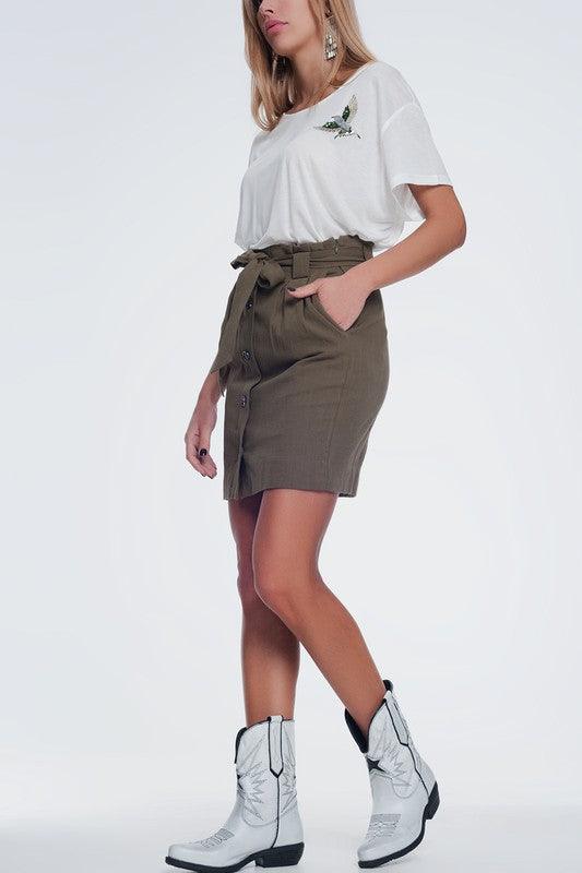 MINI KHAKI SKIRT WITH FRONT BUTTONS - SAVLUXE