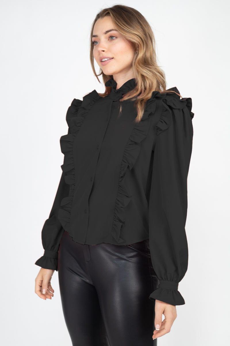 SAVLUXE Mock Neck Ruffled Buttoned Top