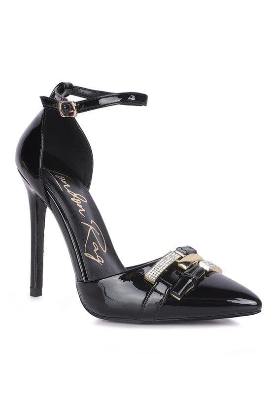 Rag Company Black / 5 Mocktail Diamante Buckle Patent Stiletto Sandals