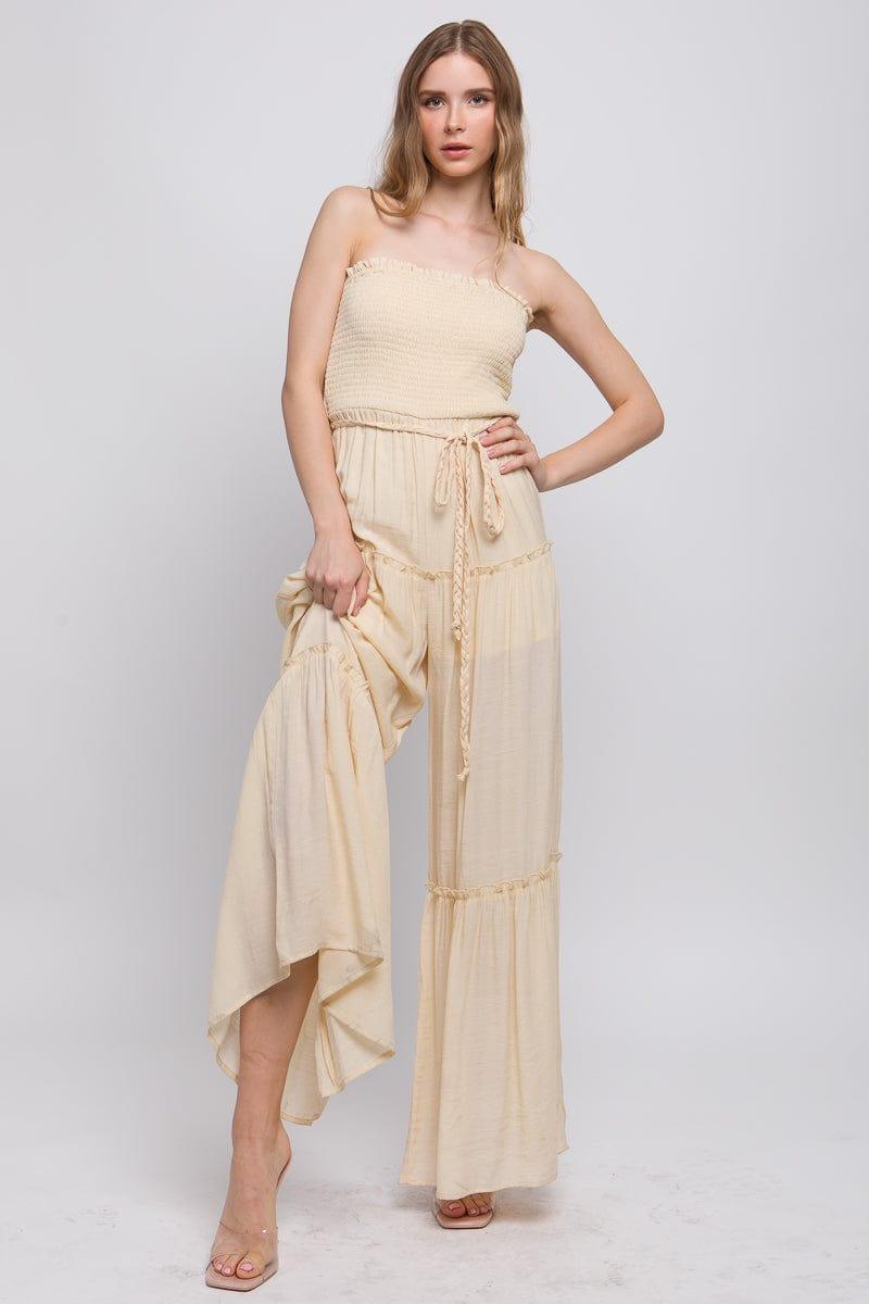 SAVLUXE Apparel & Accessories Natural Woven Solid Sleeveless Smocked Ruffle Jumpsuit