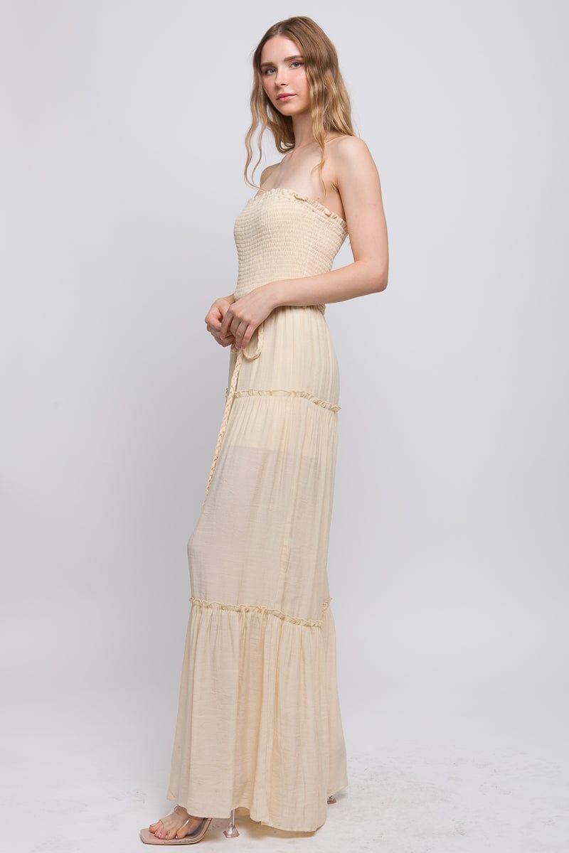 SAVLUXE Apparel & Accessories Natural Woven Solid Sleeveless Smocked Ruffle Jumpsuit