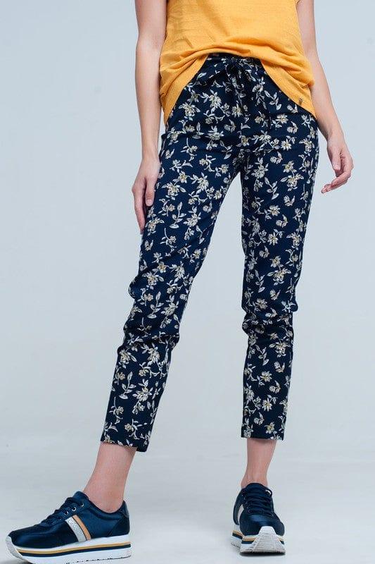 Q2 navy / s NAVY FLORAL PANTS WITH A BELT