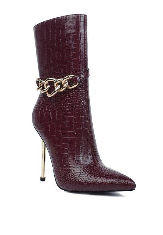 Rag Company Burgundy / 5 Nicole Croc Patterned High Heeled Ankle Boots