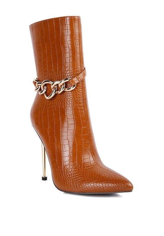 Rag Company Tan / 5 Nicole Croc Patterned High Heeled Ankle Boots
