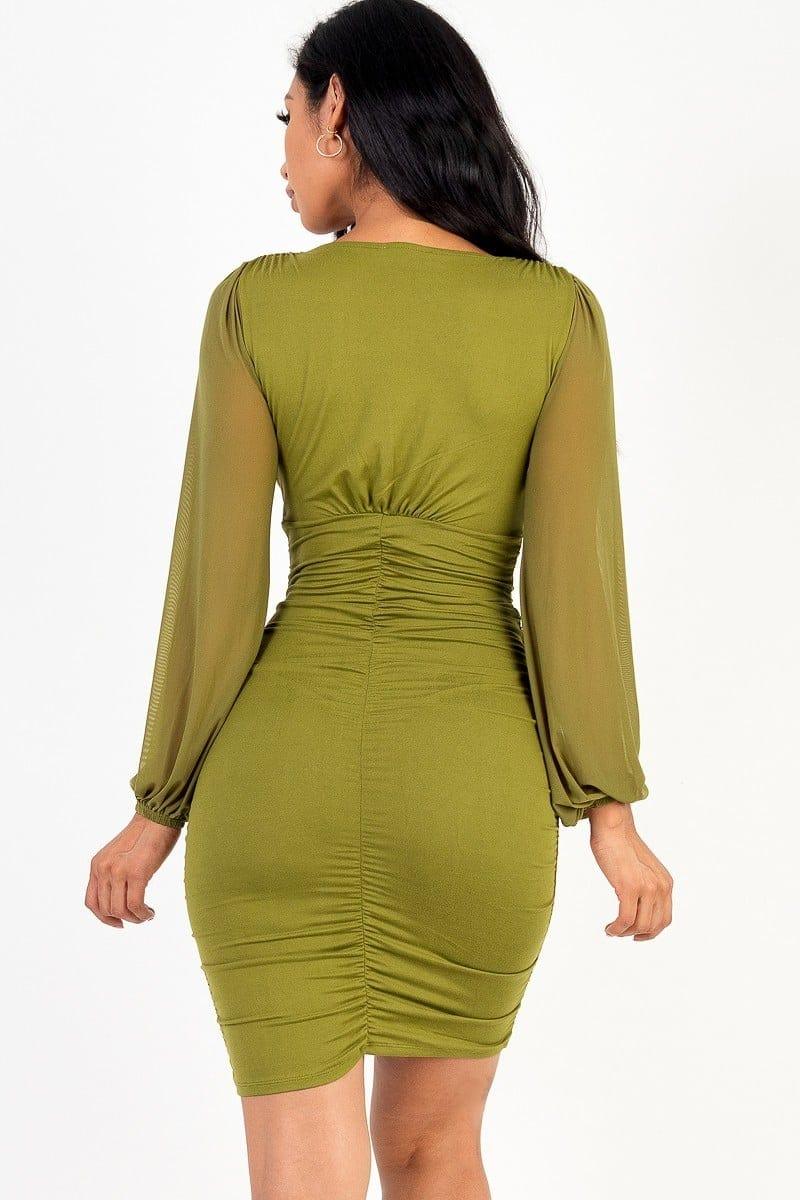 SAVLUXE DRESSES Olive Ruched mesh long sleeve v-neck mini dress