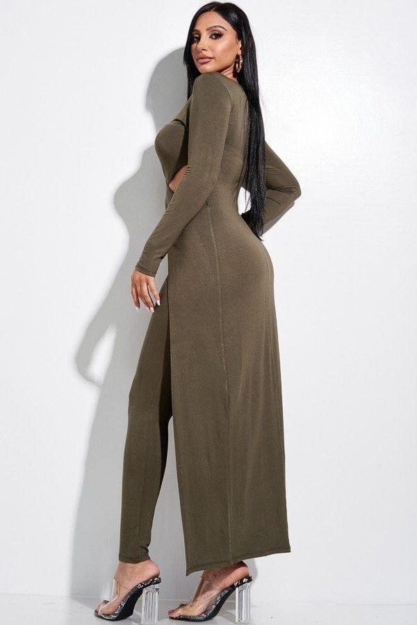 SAVLUXE Default Olive Spandex Long Sleeve Crossed Over Long Top And Leggings 2 Piece Set