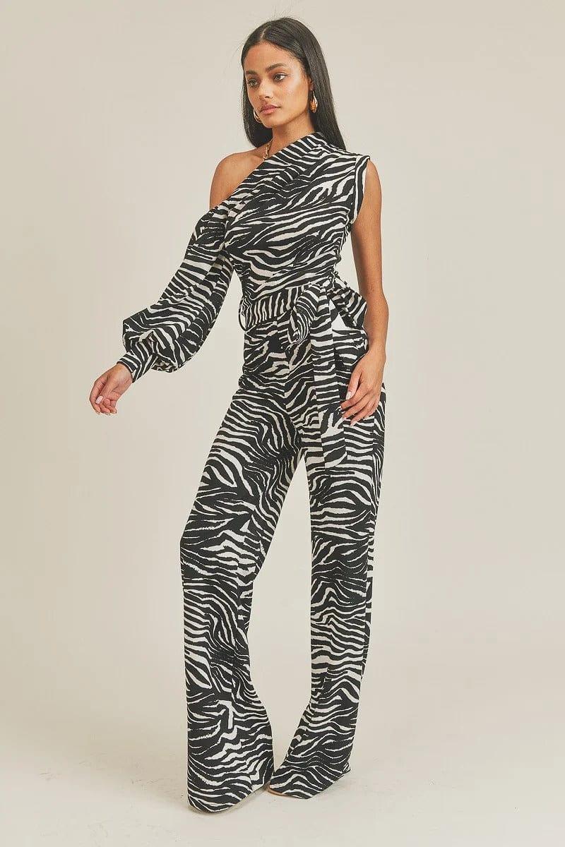 SAVLUXE Default One Shoulder Zebra Print Jumpsuit