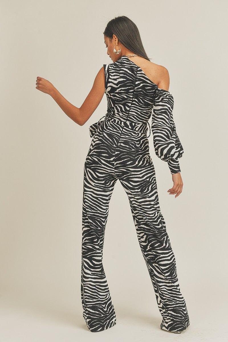 SAVLUXE Default One Shoulder Zebra Print Jumpsuit