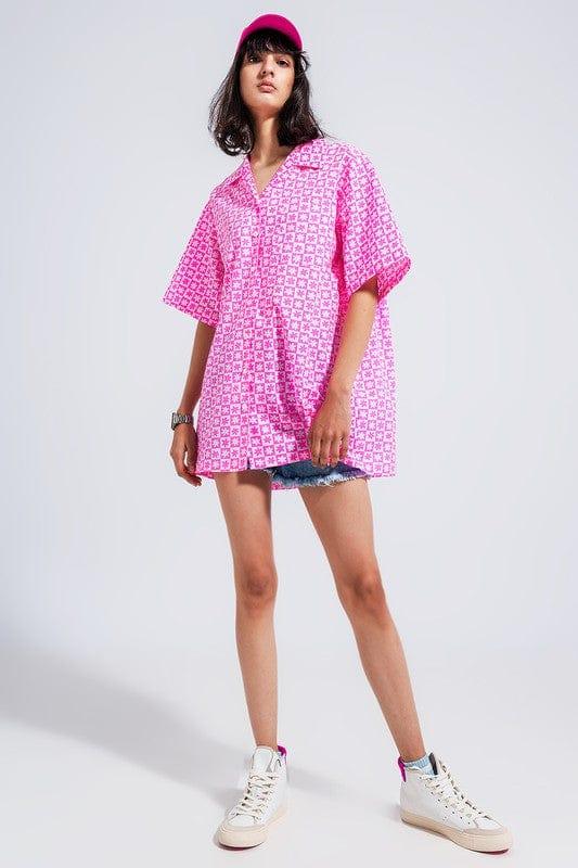 Q2 SHIRTS & TOPS pink / s OVERSIZED SHORT SLEEVE SHIRT IN BRIGHT PINK