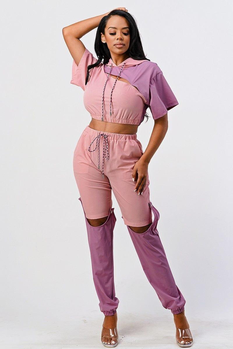 SAVLUXE Pants Set In Color Block With Hoodie And Detachable Bottom Part