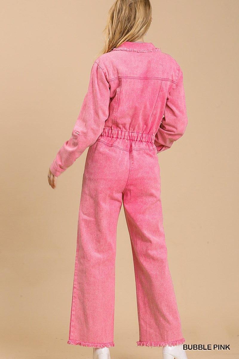 SAVLUXE Clothing Pink Stone Wash Wide Leg Distressed Jumpsuit