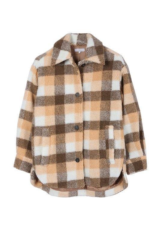 Lilou Brown orange check / S Plaid sherpa jacket with pockets