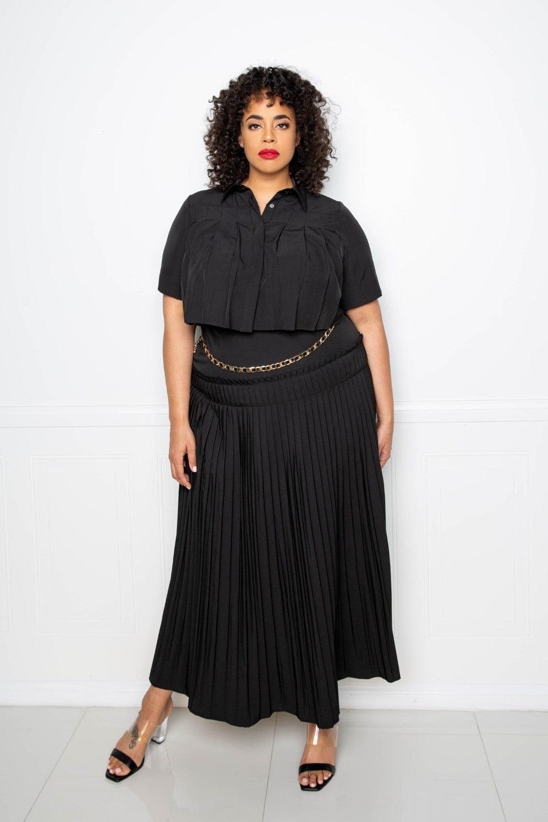 SAVLUXE Pleated Cropped Shirt And Maxi Skirt Set
