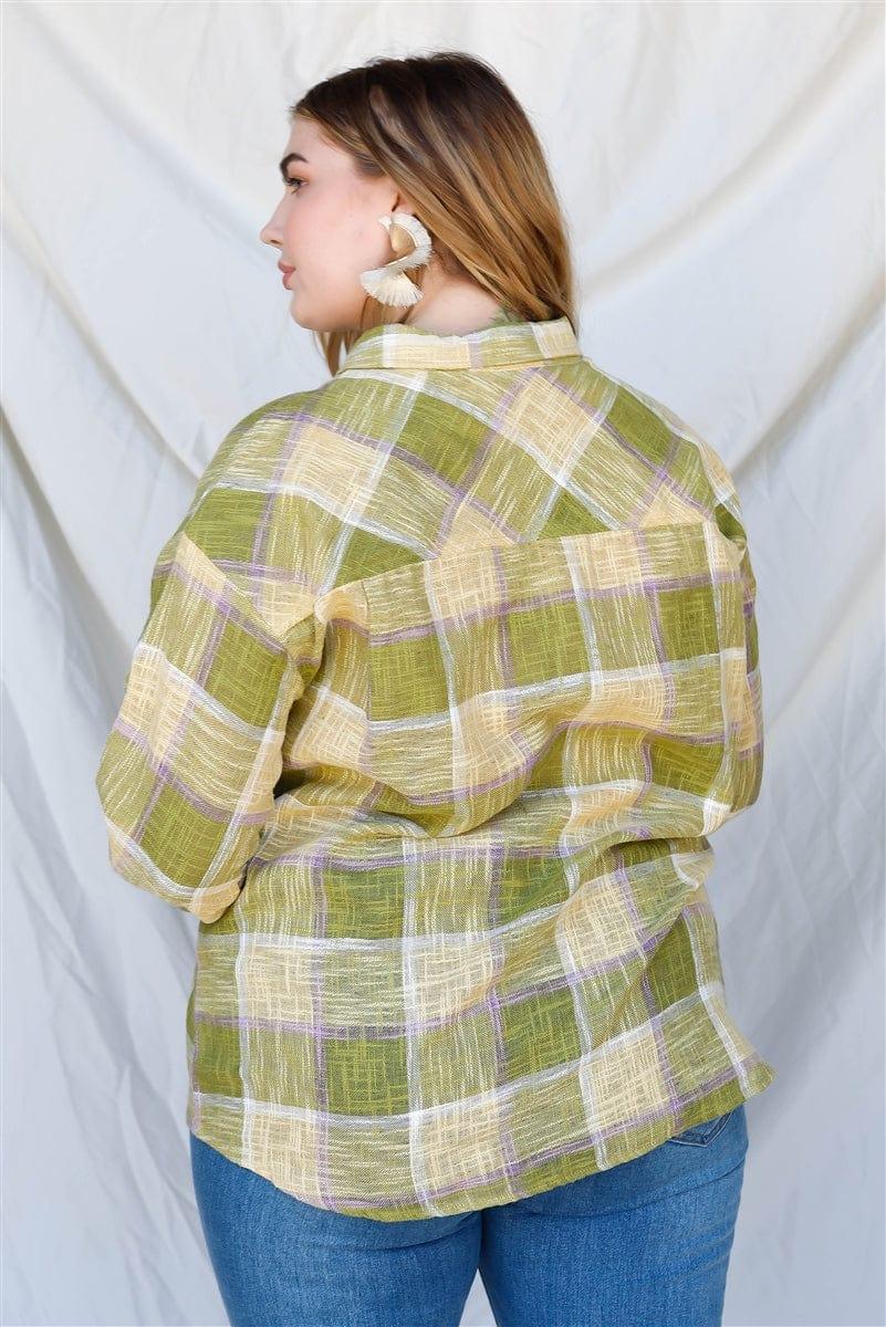 SAVLUXE Plus Lime Cotton & Linen Blend Textured Plaid Shirt Top
