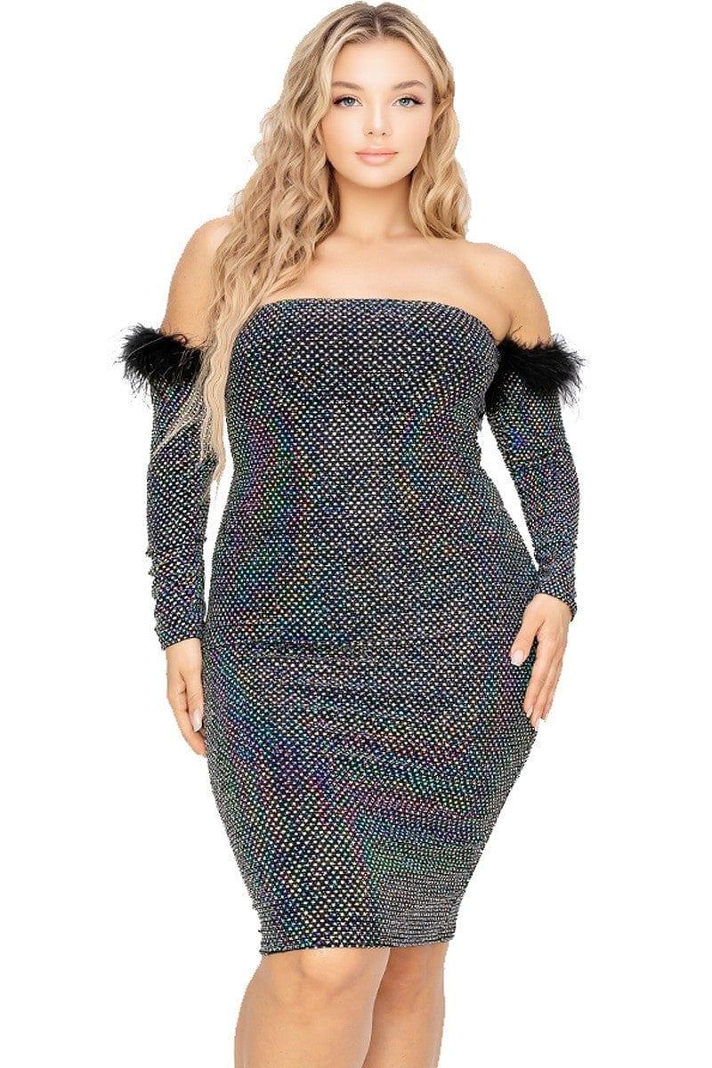 SAVLUXE Dresses 1XL Plus Size Off Shoulder Feather Sequin Dress