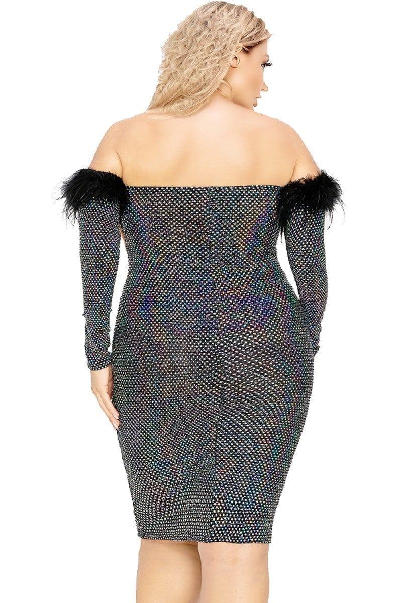 SAVLUXE Dresses Plus Size Off Shoulder Feather Sequin Dress