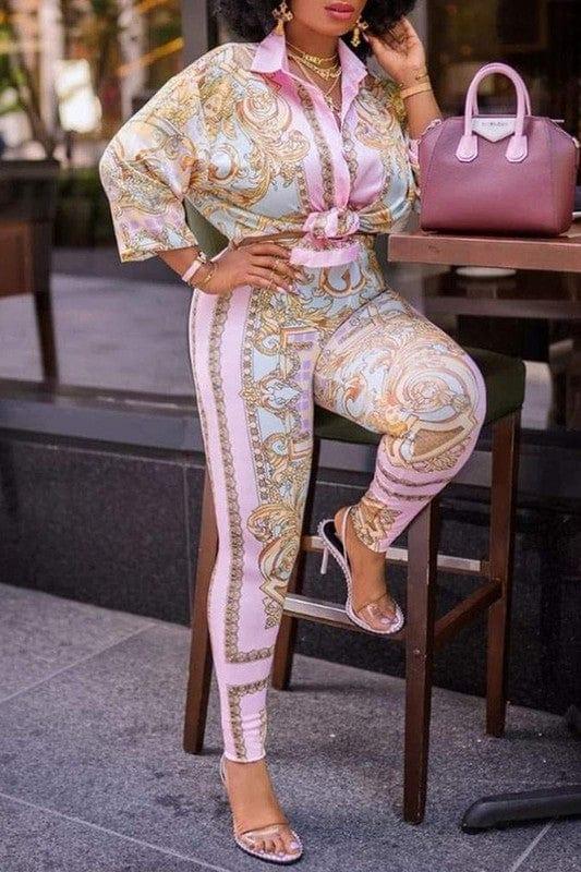 LUV Fashion Shoes Print Lantern Sleeve Top High Waist Pants Set