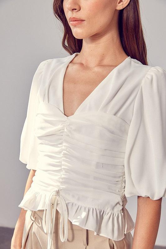 PUFF SLEEVE CINCHED TOP - SAVLUXE