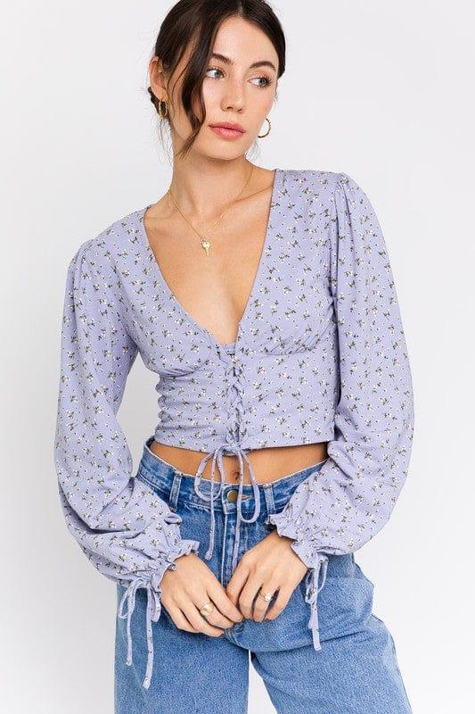 LE LIS SHIRTS & TOPS LT BLUE-WHITE DITSY / S PUFF SLEEVE LACE UP V-NECK TOP
