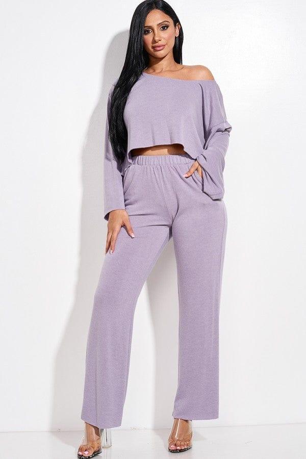 SAVLUXE Default S Purple Terry Long Slouchy Long Sleeve Top And Pants With Pockets Two Piece Set