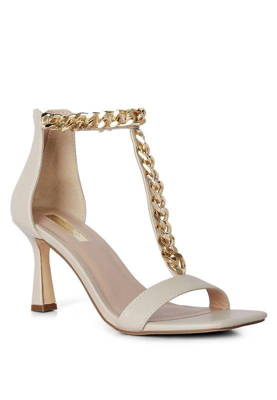 Rag Company Shoes Taupe / 5 Real Gem Mid Heel Chain Detail T-strap Sandal