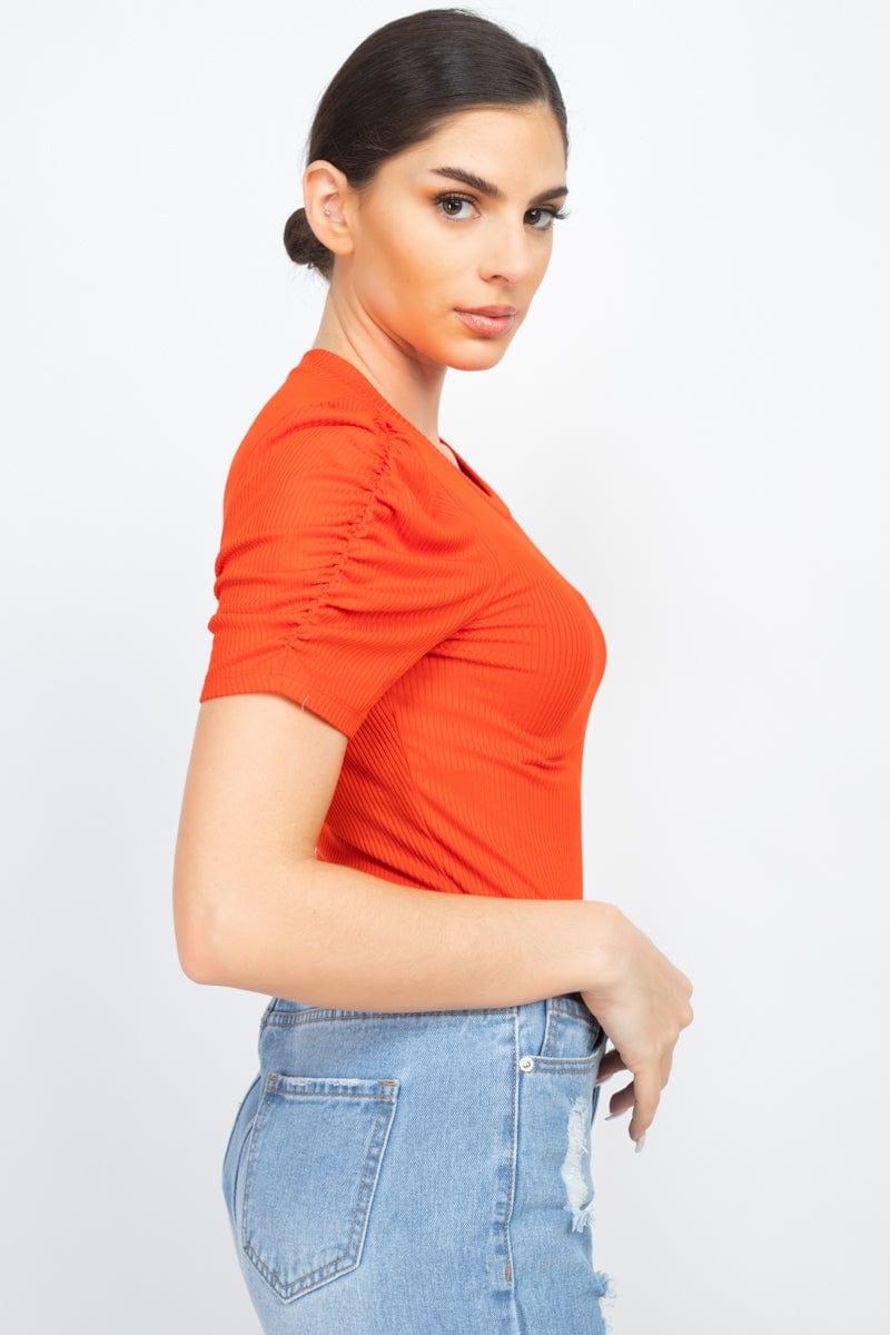 SAVLUXE Default Red Orange Short Ruching Sleeve Top