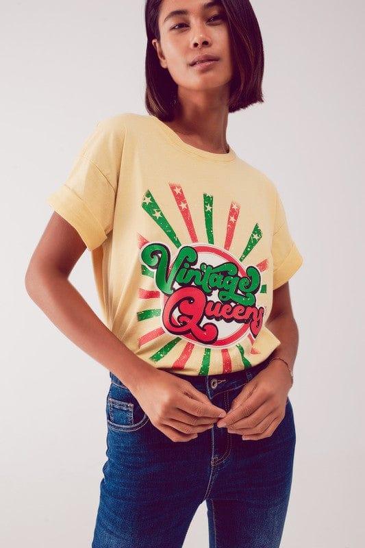 Q2 yellow / One Size Relaxed t shirt with yellow Vintage Queens