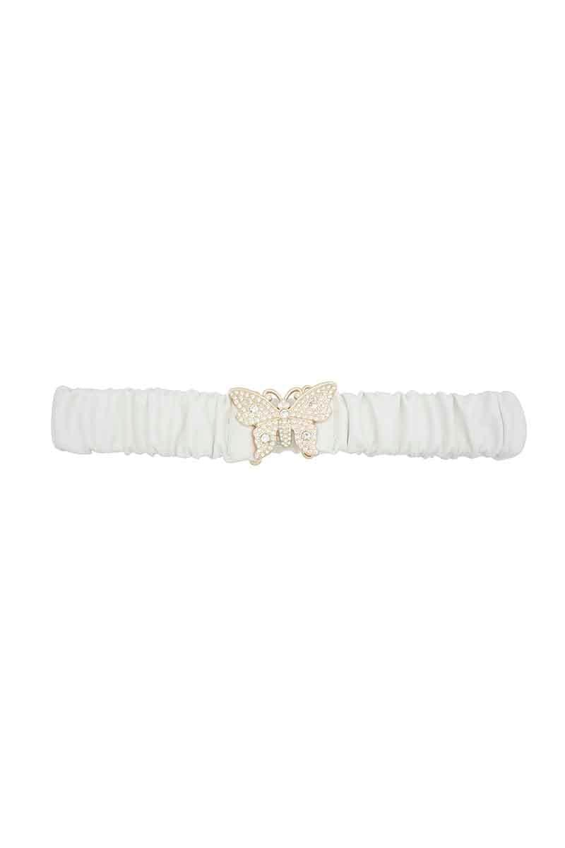 SAVLUXE Rhinestone Pave Butterfly Ruched Elastic Back Belt