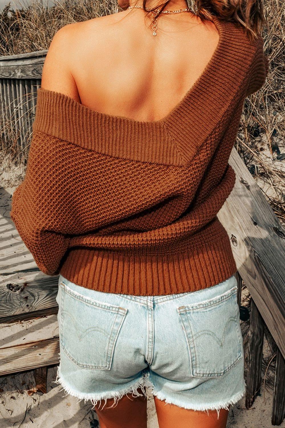 Trendsi Rib-Knit Drop Shoulder V-Neck Sweater