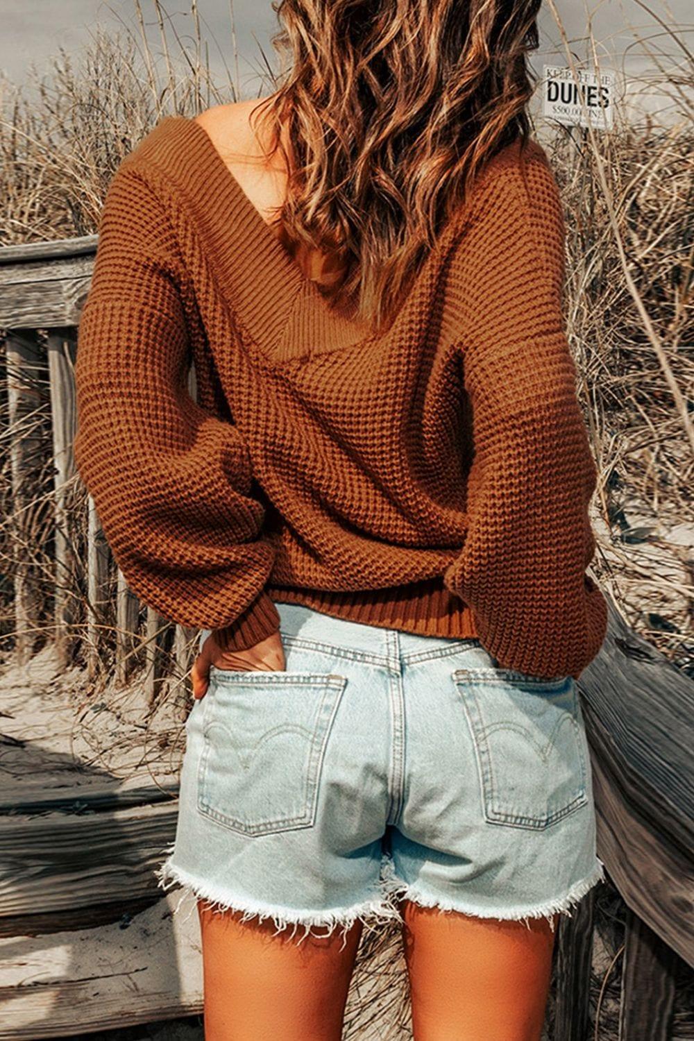 Trendsi Rib-Knit Drop Shoulder V-Neck Sweater