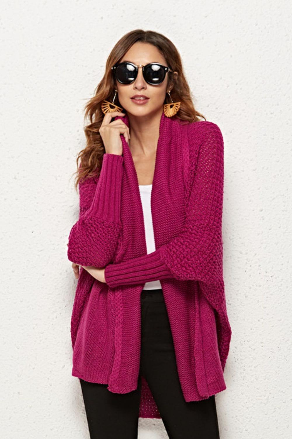 Trendsi COATS&JACKETS Magenta / One Size Ribbed Open Front Sleeve Longline Cardigan