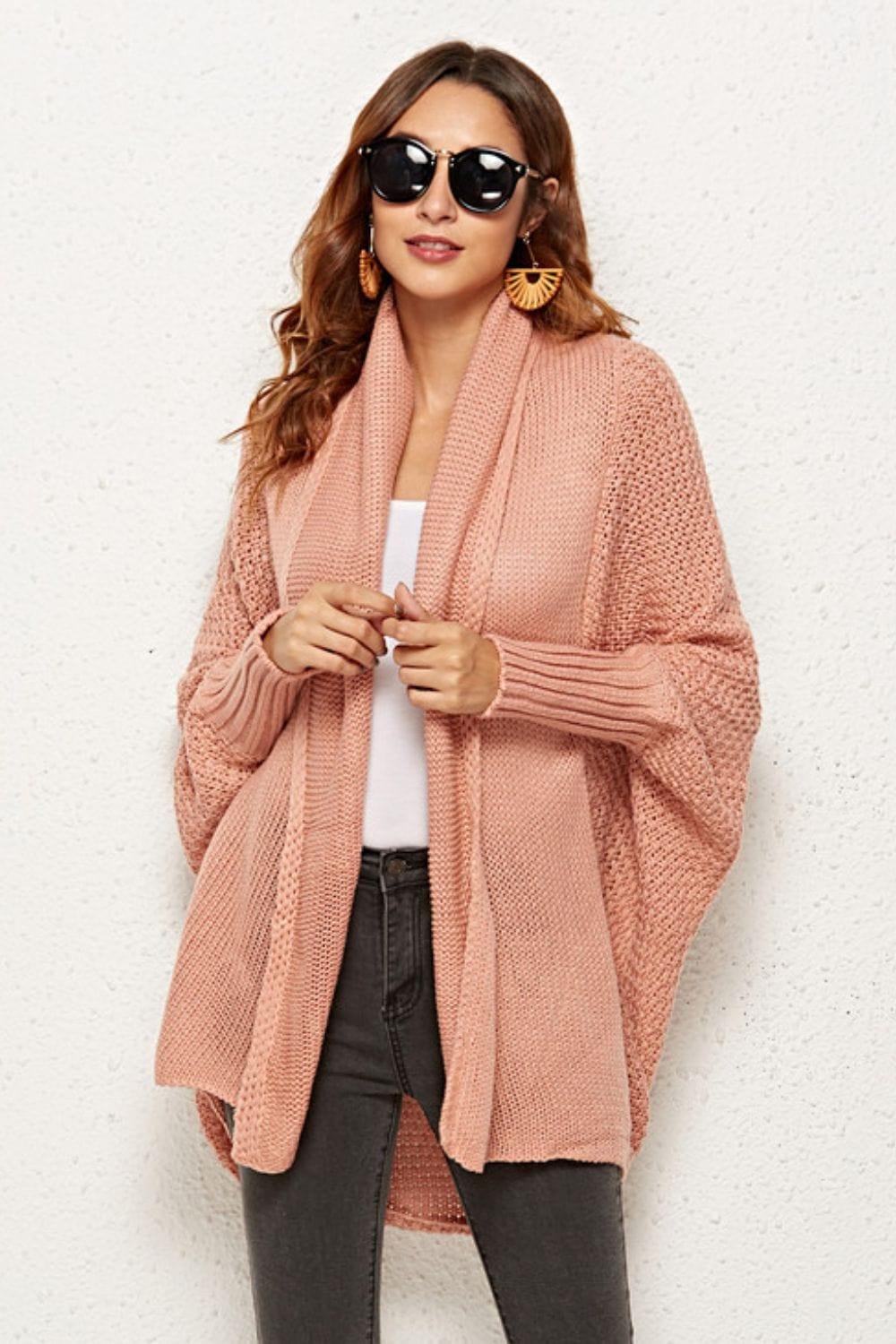 Trendsi COATS&JACKETS Pink / One Size Ribbed Open Front Sleeve Longline Cardigan