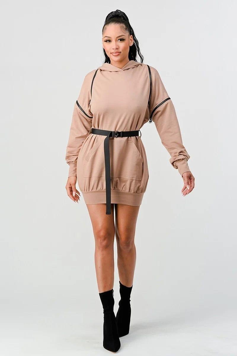 SAVLUXE Dresses Riley's Double Zipper Long Sleeve Hooded Mini Dress