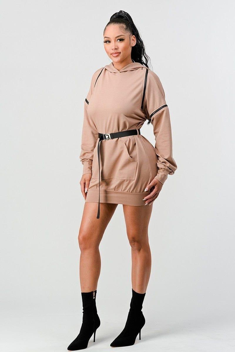 SAVLUXE Dresses Riley's Double Zipper Long Sleeve Hooded Mini Dress