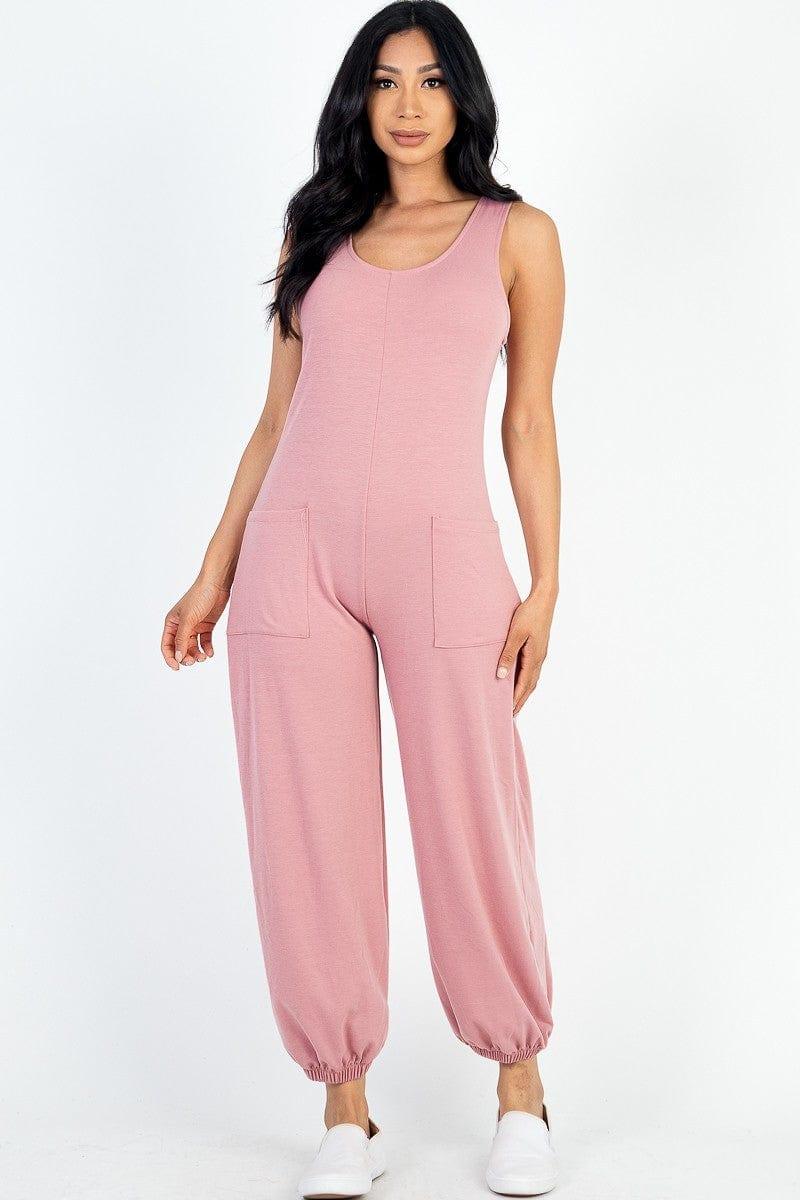 SAVLUXE Default S Rosewood Casual Solid French Terry Front Pocket Jumpsuit