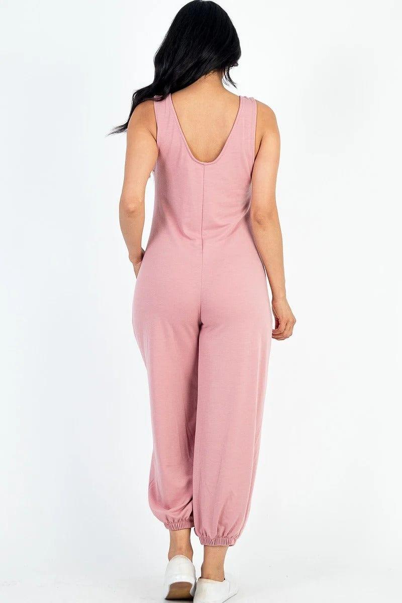 SAVLUXE Default Rosewood Casual Solid French Terry Front Pocket Jumpsuit