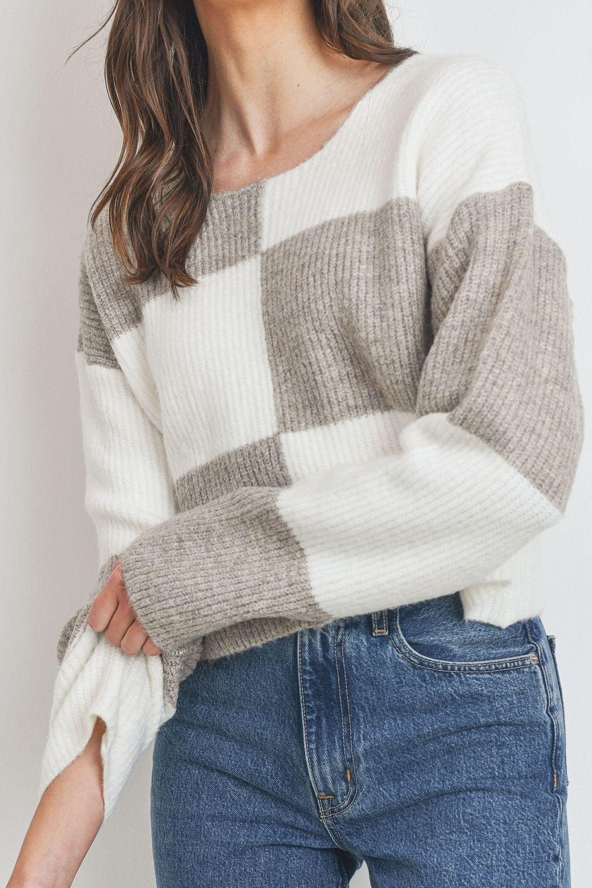 SAVLUXE Default Round Neck Color Block Long Sleeve Sweater