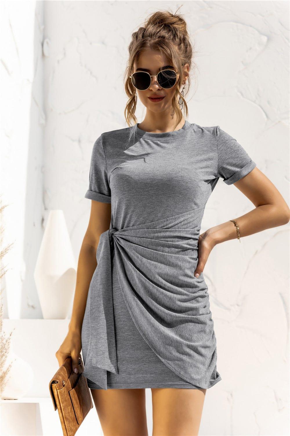 Trendsi Dresses Mid Gray / S Round Neck Cuffed Sleeve Side Tie Dress