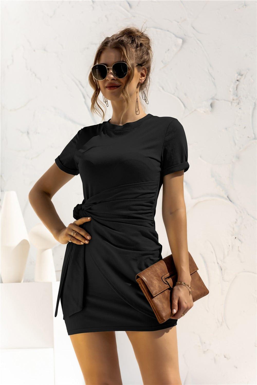 Trendsi Dresses Black / S Round Neck Cuffed Sleeve Side Tie Dress